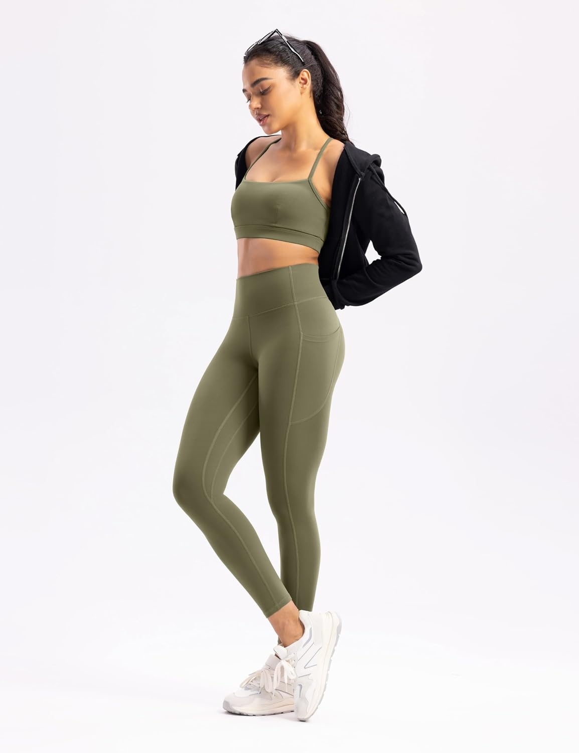 image:imageENERBLOOM Womens Workout Leggings with Pockets Yoga Pants 2528 High Waisted Athletic Tights Soft Gym Lounge ActivewearOlive Green