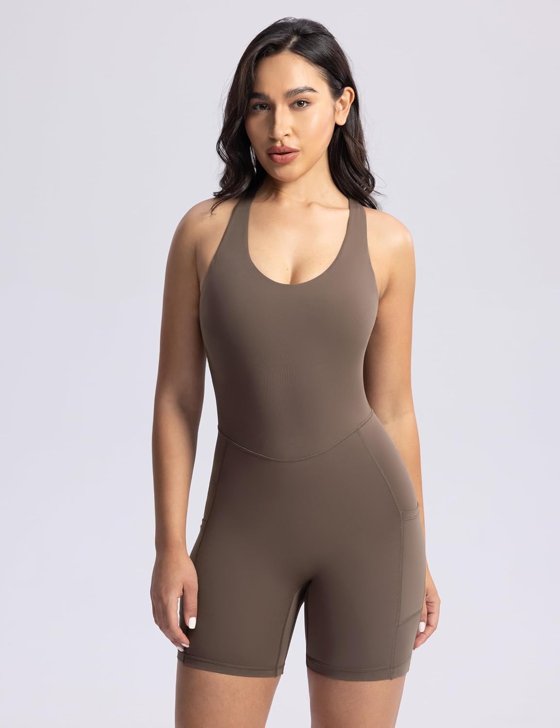 image:imageENERBLOOM Womens Yoga Jumpsuits Workout One Piece Rompers with Pockets Bodycon Backless Bodysuits PaddedDark Coffee