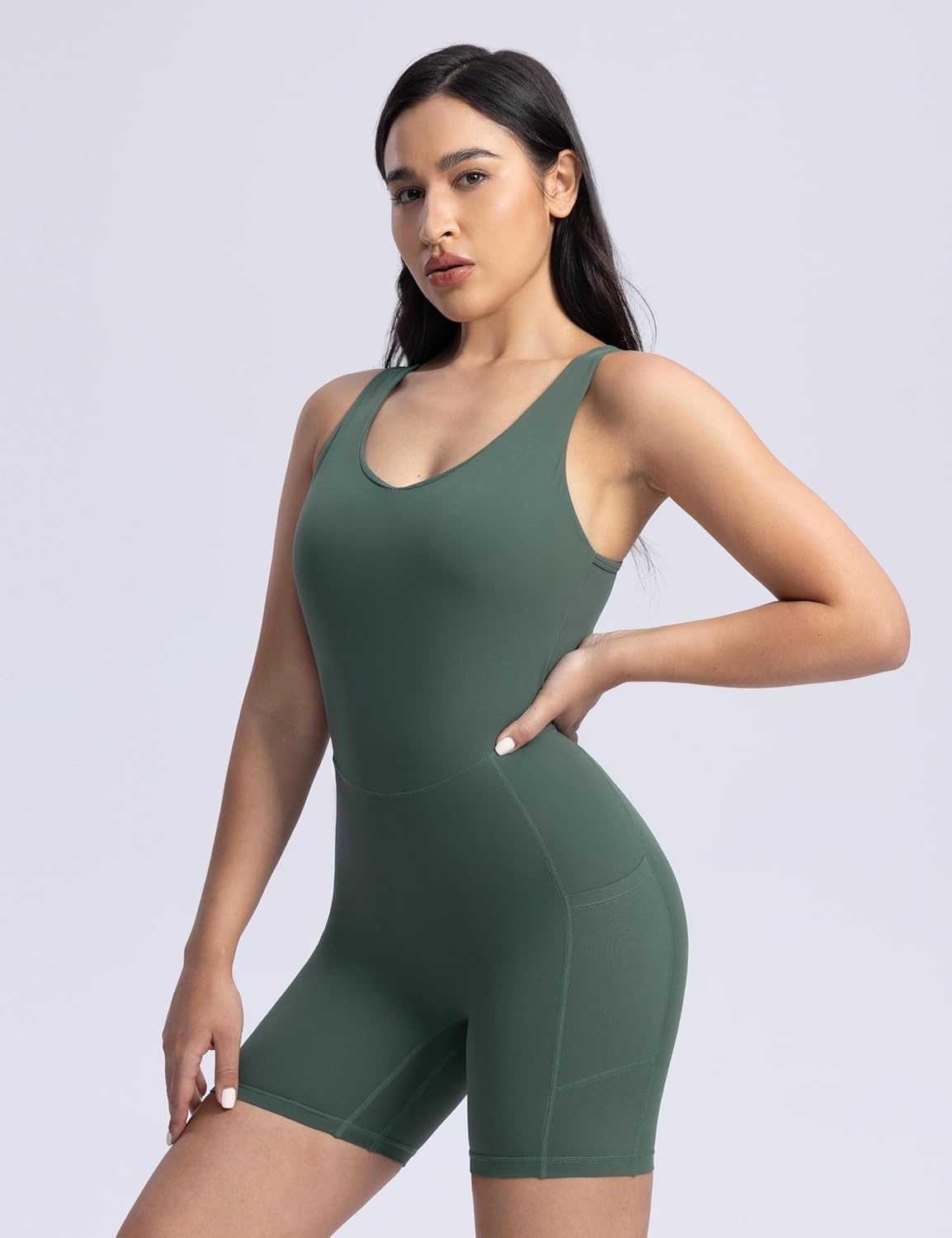 image:imageENERBLOOM Womens Yoga Jumpsuits Workout One Piece Rompers with Pockets Bodycon Backless Bodysuits PaddedJungle Green