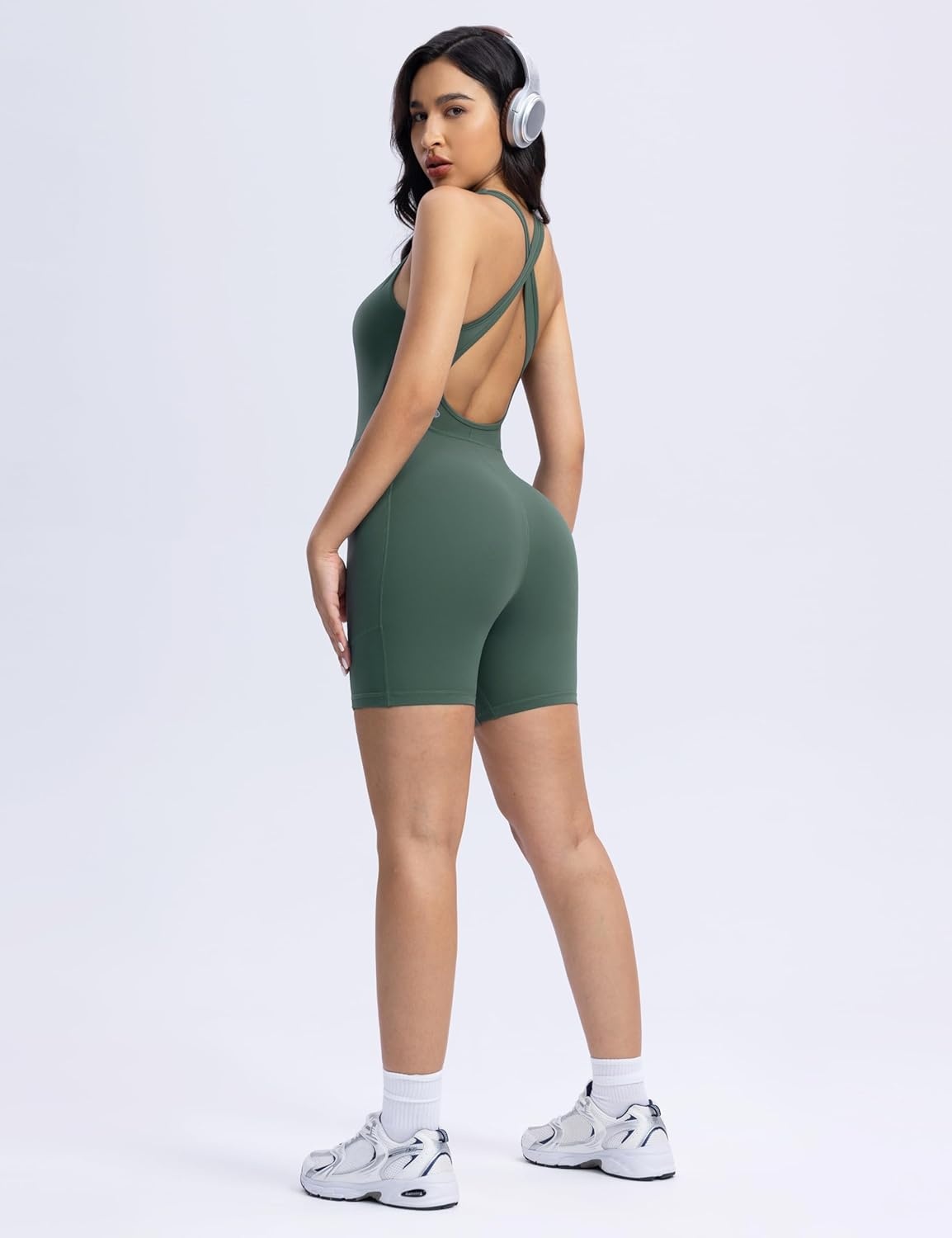 image:imageENERBLOOM Womens Yoga Jumpsuits Workout One Piece Rompers with Pockets Bodycon Backless Bodysuits PaddedJungle Green