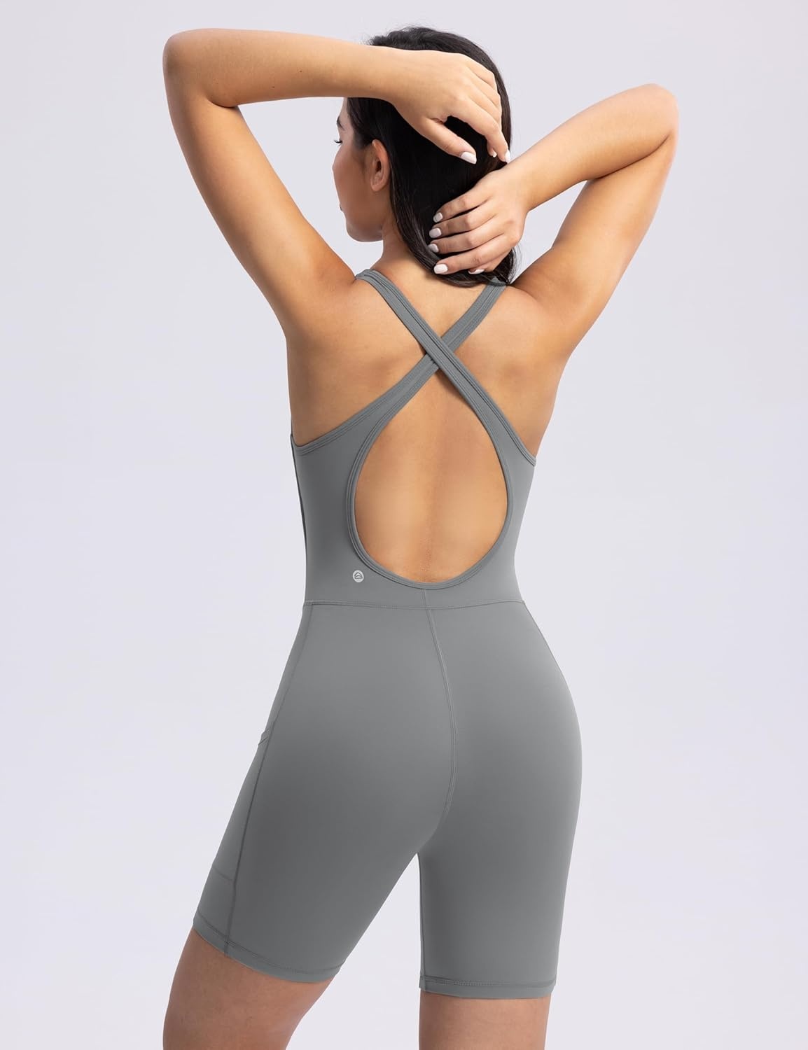 image:imageENERBLOOM Womens Yoga Jumpsuits Workout One Piece Rompers with Pockets Bodycon Backless Bodysuits PaddedPoppy Seed