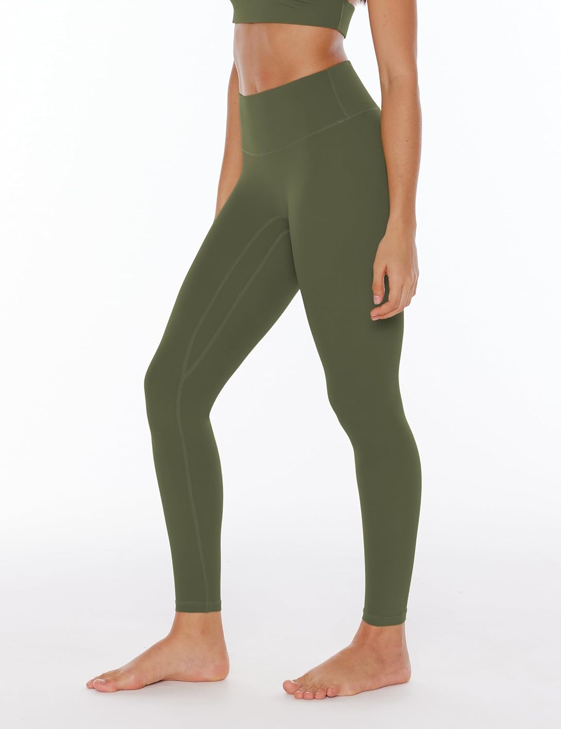 image:imageENERBLOOM Womens Yoga Leggings Workout Tights Pants 2528 High Waisted No Front Seam Tummy Control Cream FeelingOlive Green 28