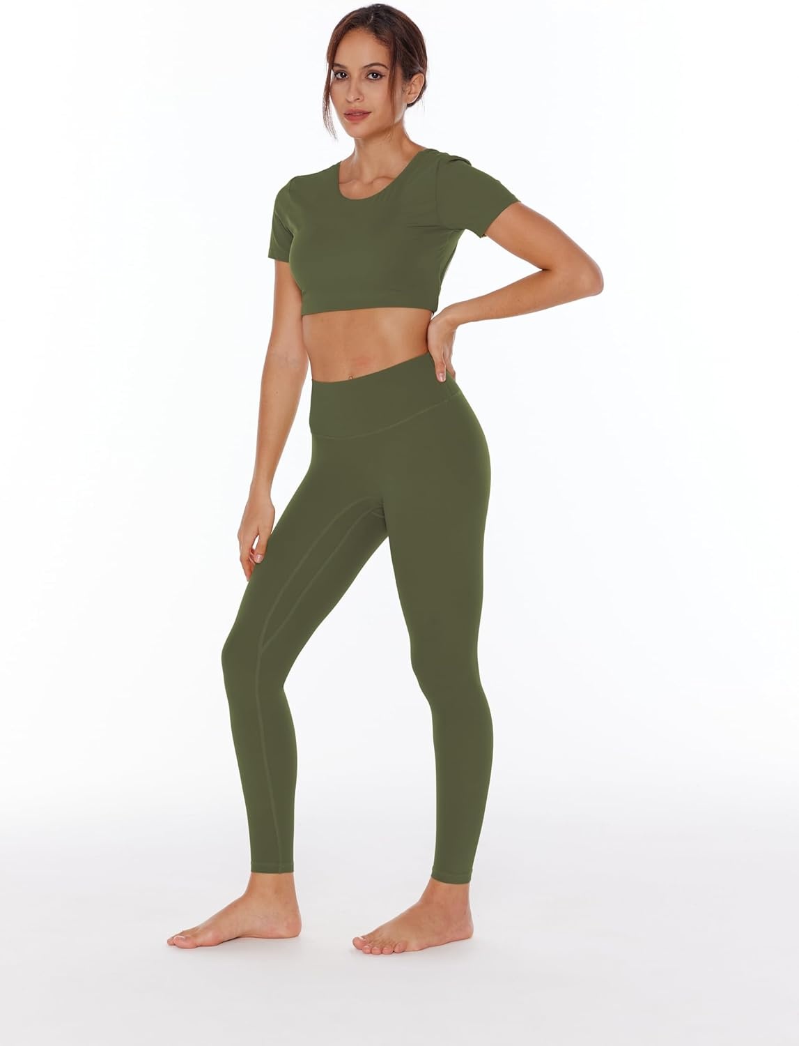 image:imageENERBLOOM Womens Yoga Leggings Workout Tights Pants 2528 High Waisted No Front Seam Tummy Control Cream FeelingOlive Green 28