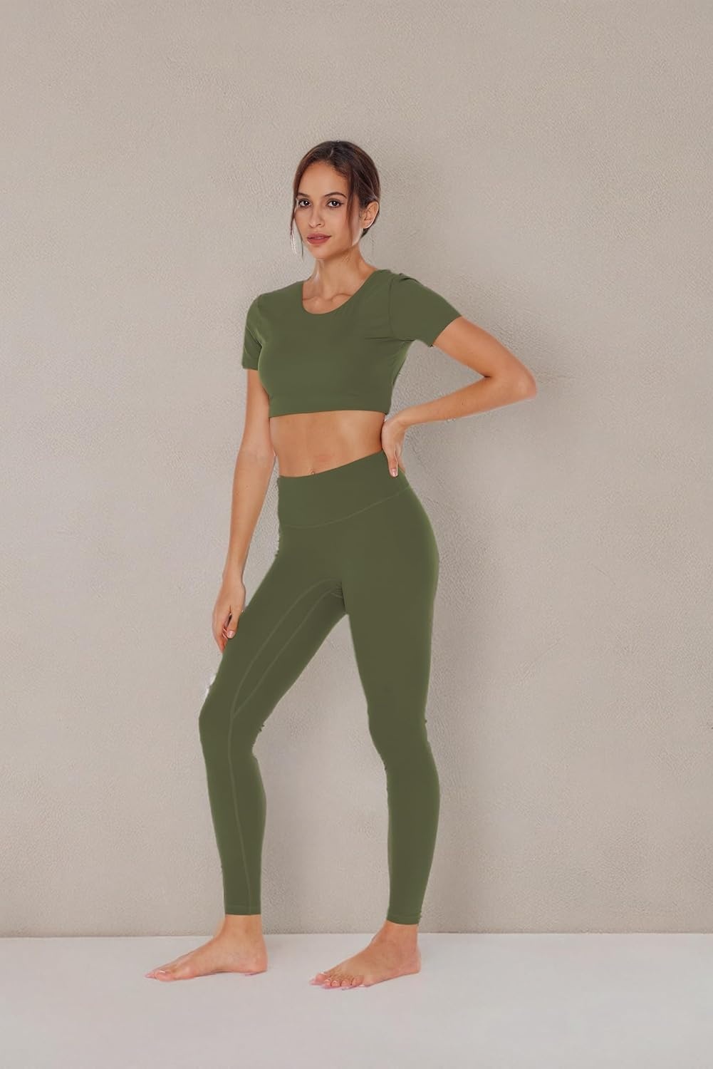 image:imageENERBLOOM Womens Yoga Leggings Workout Tights Pants 2528 High Waisted No Front Seam Tummy Control Cream FeelingOlive Green 28