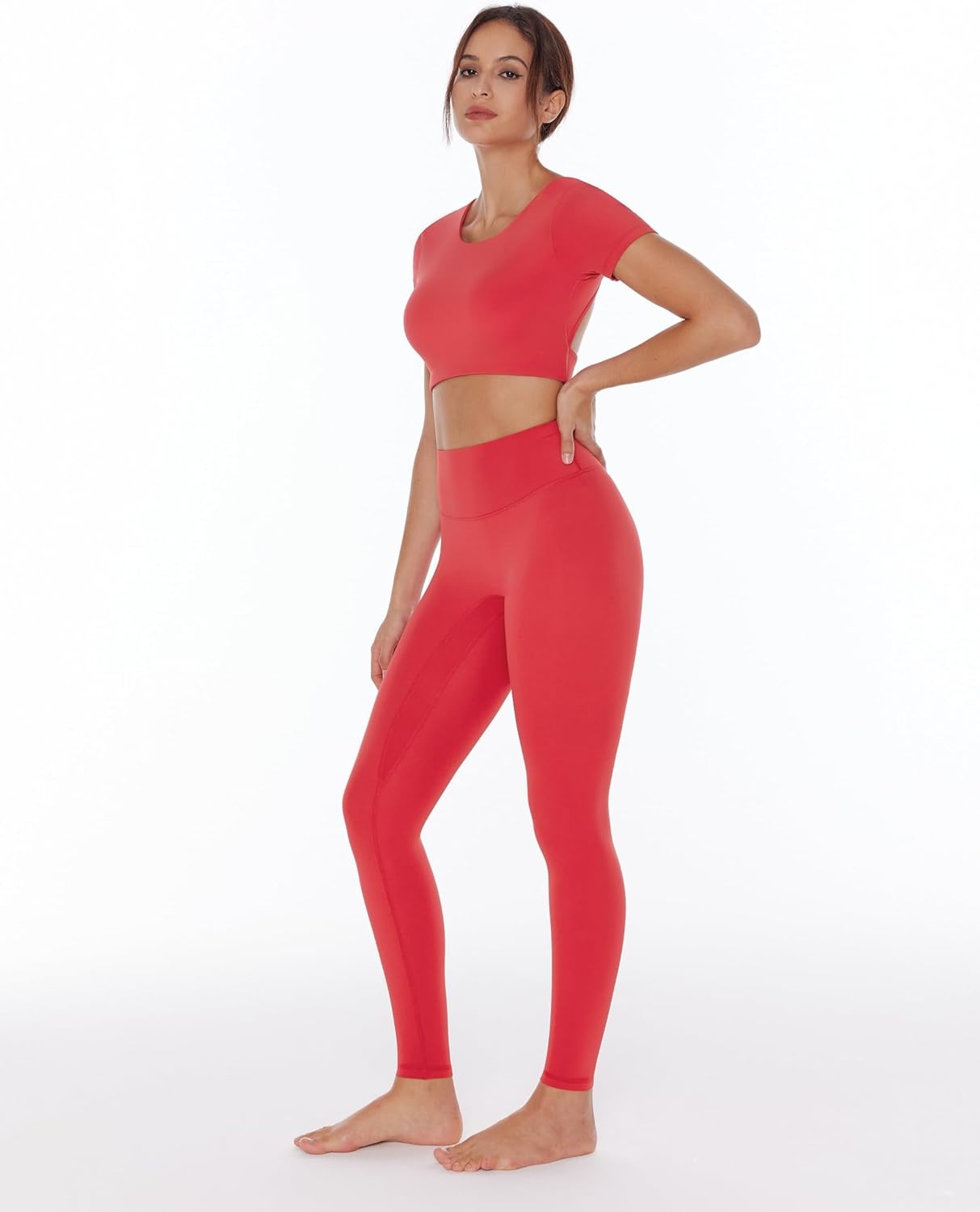 image:imageENERBLOOM Womens Yoga Leggings Workout Tights Pants 2528 High Waisted No Front Seam Tummy Control Cream FeelingWatermelon Red 28