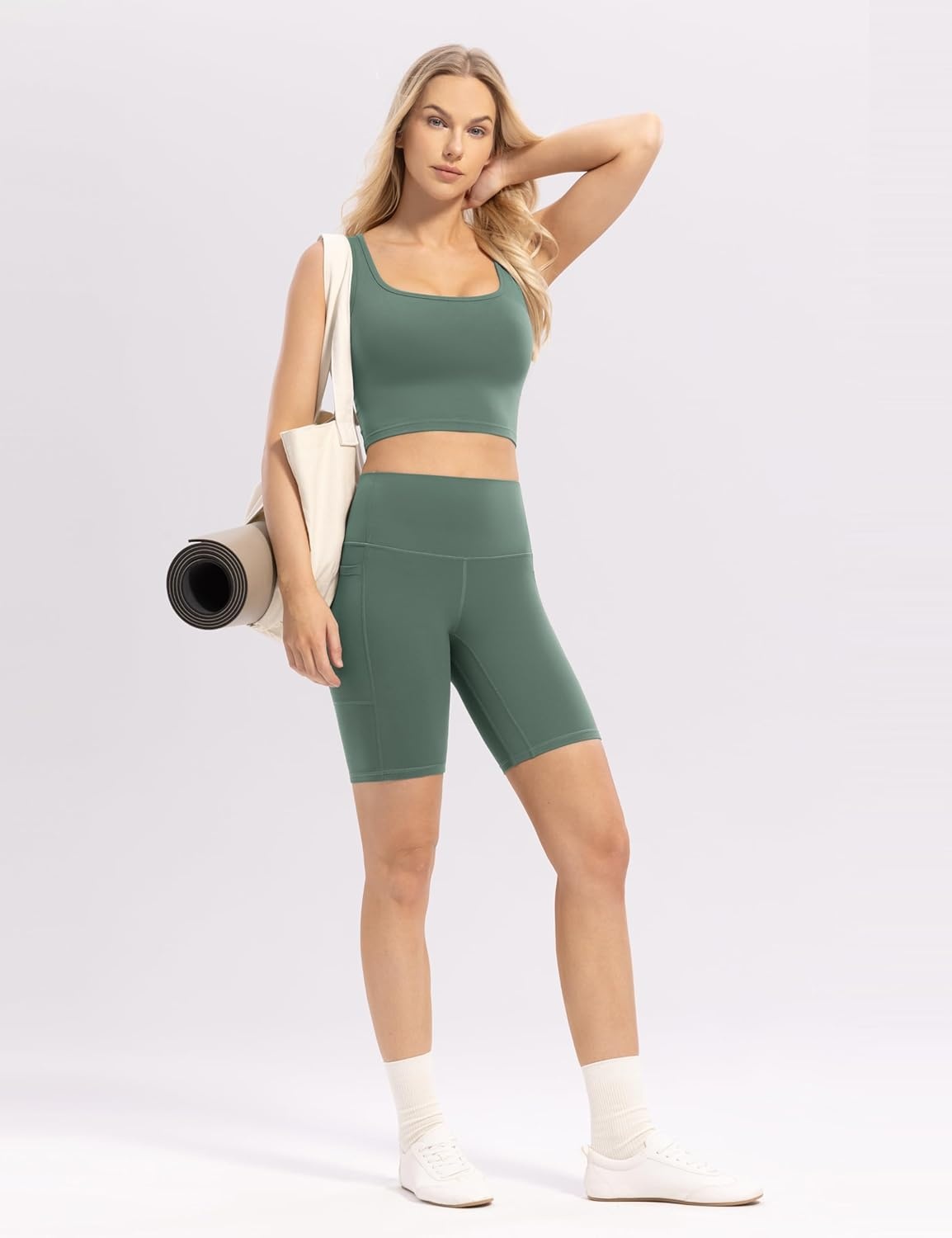 image:imageENERBLOOM Workout Biker Shorts Womens with Pockets High Waist Yoga 2546810 Gym Running Volleyball Athletic ShortsCrab Green