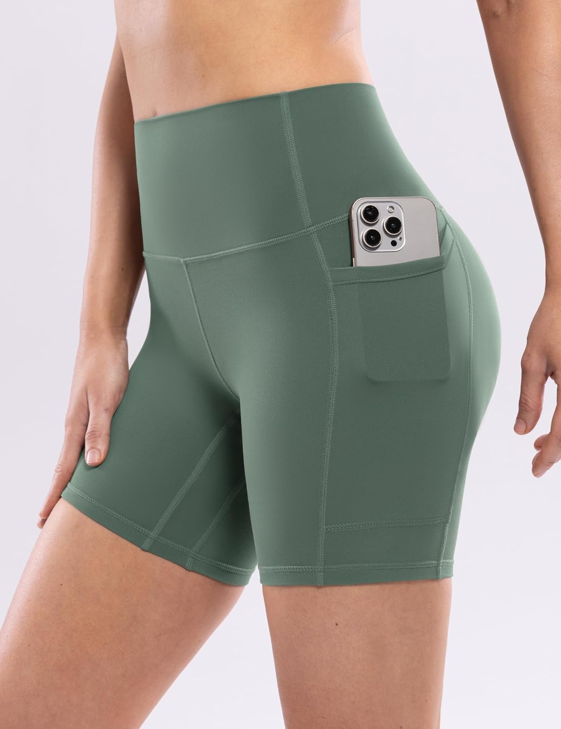 image:imageENERBLOOM Workout Biker Shorts Womens with Pockets High Waist Yoga 2546810 Gym Running Volleyball Athletic ShortsCrab Green