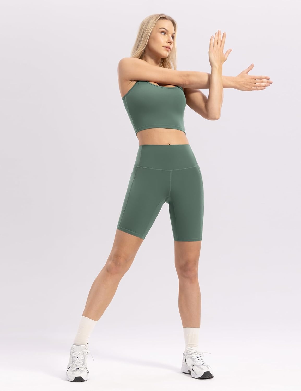 image:imageENERBLOOM Workout Biker Shorts Womens with Pockets High Waist Yoga 2546810 Gym Running Volleyball Athletic ShortsCrab Green