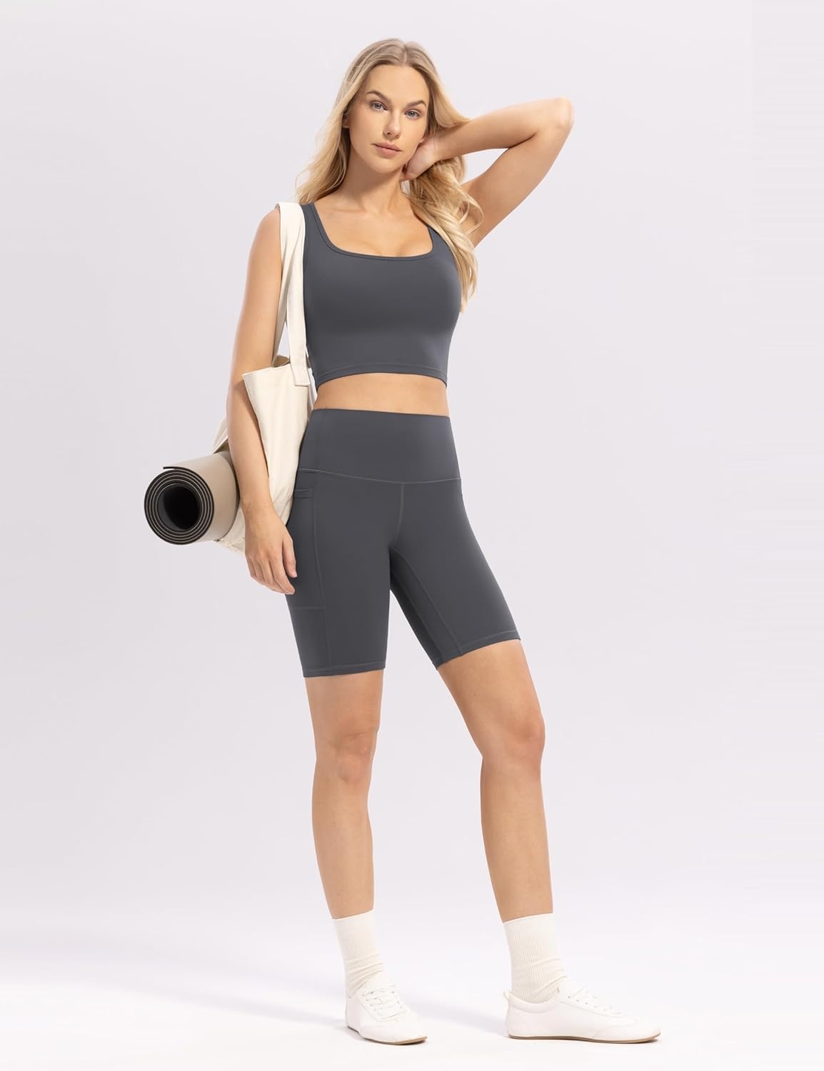 image:imageENERBLOOM Workout Biker Shorts Womens with Pockets High Waist Yoga 2546810 Gym Running Volleyball Athletic ShortsMedium Gray