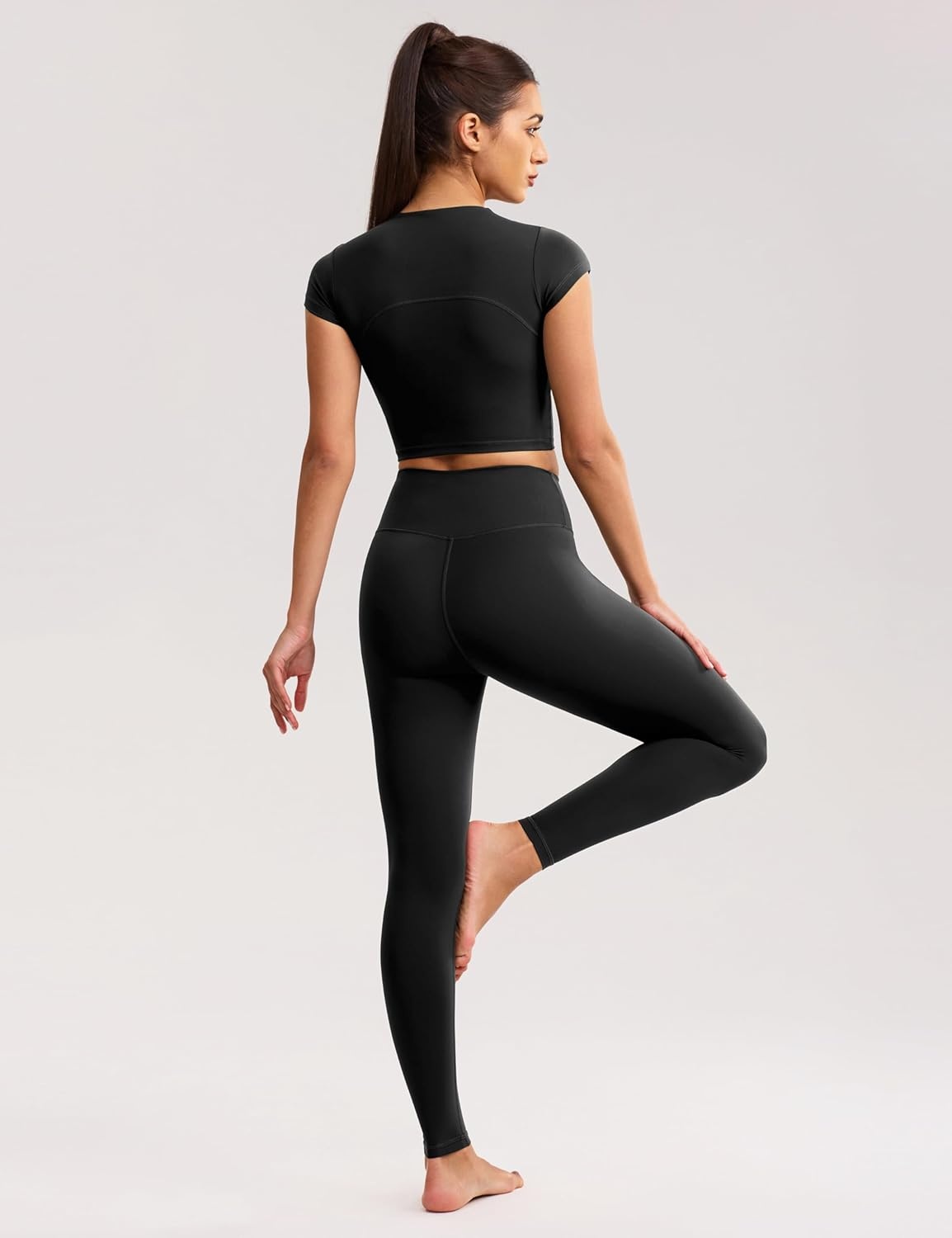 image:imageENERBLOOM Workout Crop Tops for Women Yoga Short Sleeve Mild Support Slim Fit Cropped Athletic Shirts Gym Tee Built in BraBlack