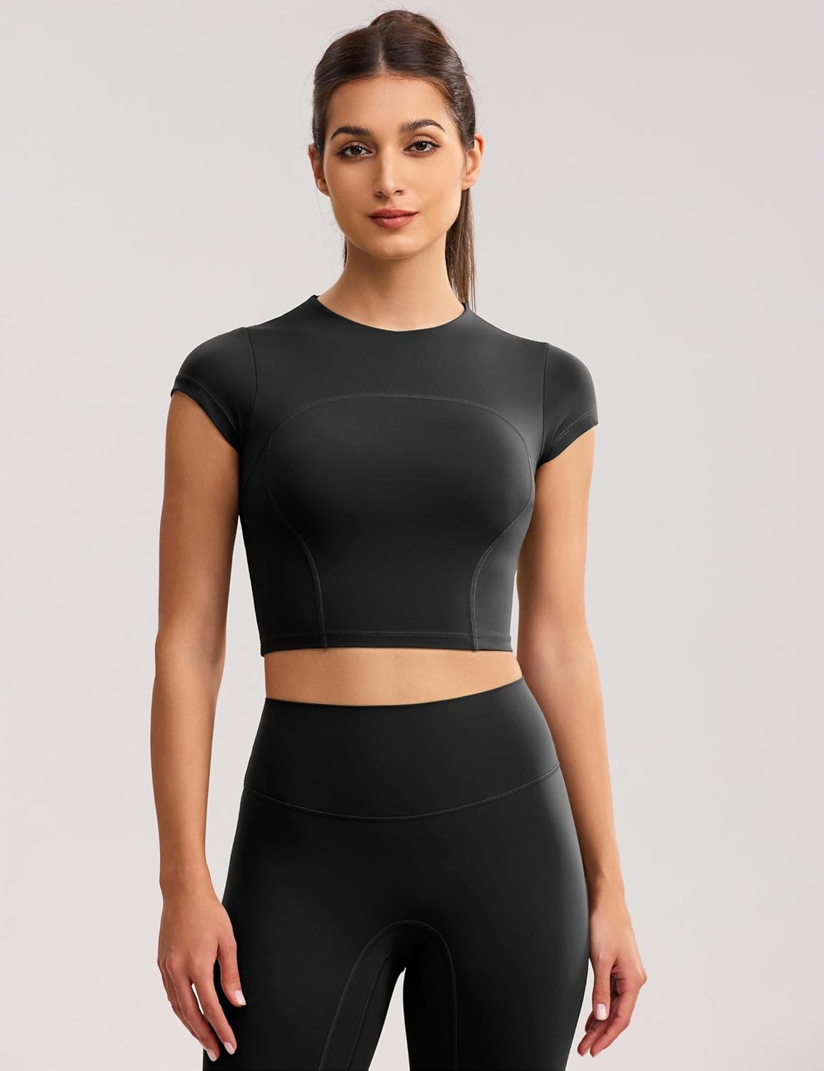 image:imageENERBLOOM Workout Crop Tops for Women Yoga Short Sleeve Mild Support Slim Fit Cropped Athletic Shirts Gym Tee Built in BraBlack