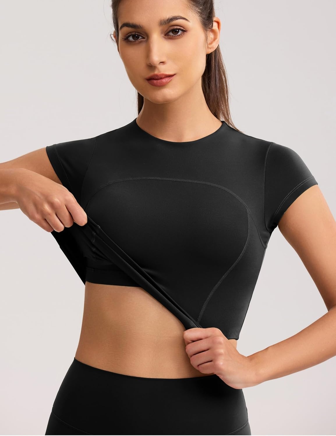 image:imageENERBLOOM Workout Crop Tops for Women Yoga Short Sleeve Mild Support Slim Fit Cropped Athletic Shirts Gym Tee Built in BraBlack