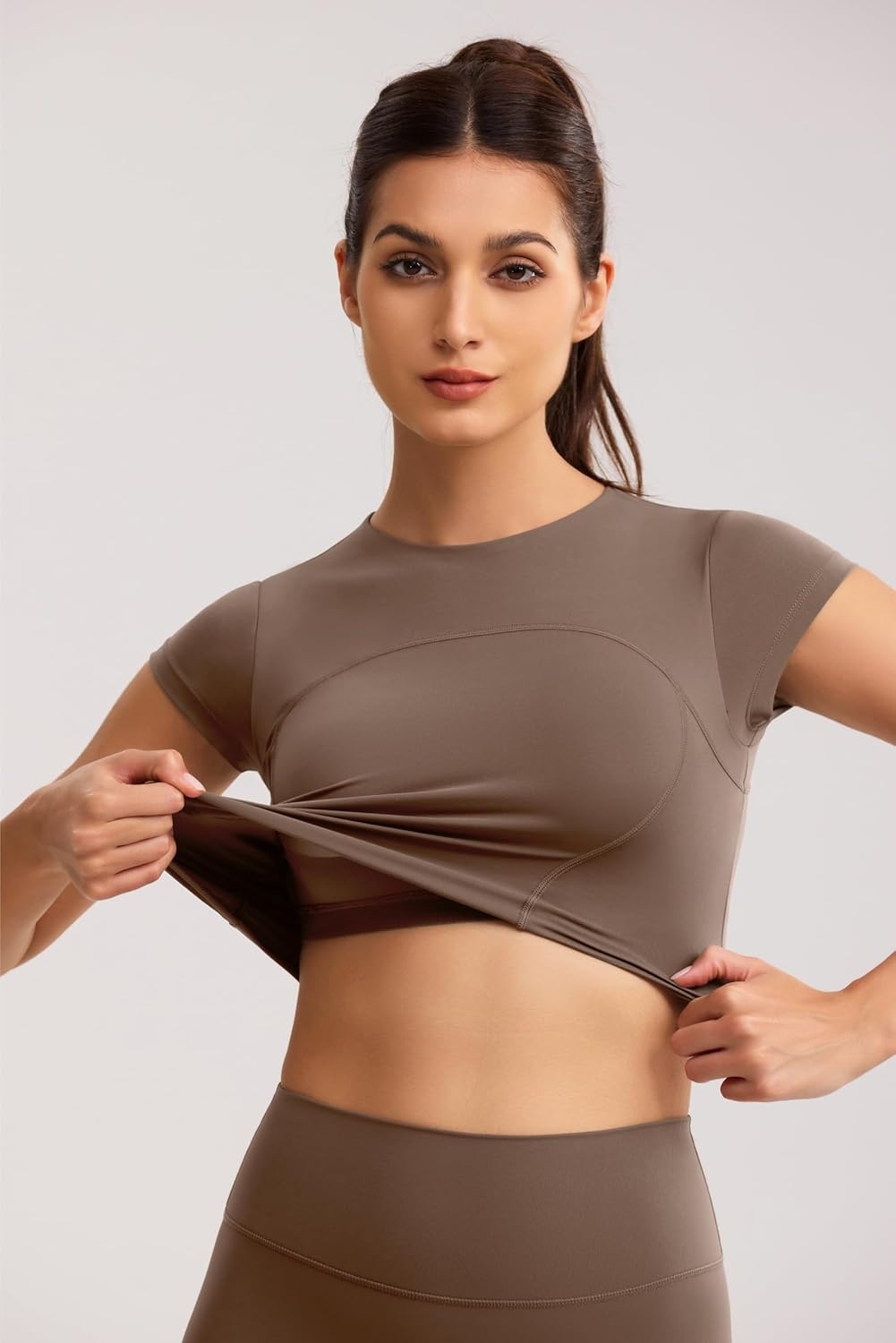 image:imageENERBLOOM Workout Crop Tops for Women Yoga Short Sleeve Mild Support Slim Fit Cropped Athletic Shirts Gym Tee Built in BraCoffee