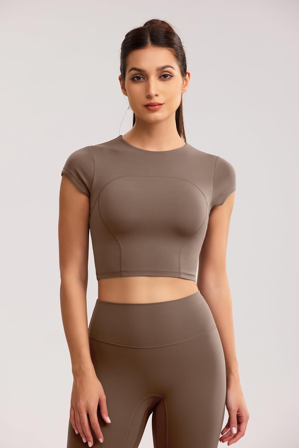 image:imageENERBLOOM Workout Crop Tops for Women Yoga Short Sleeve Mild Support Slim Fit Cropped Athletic Shirts Gym Tee Built in BraCoffee