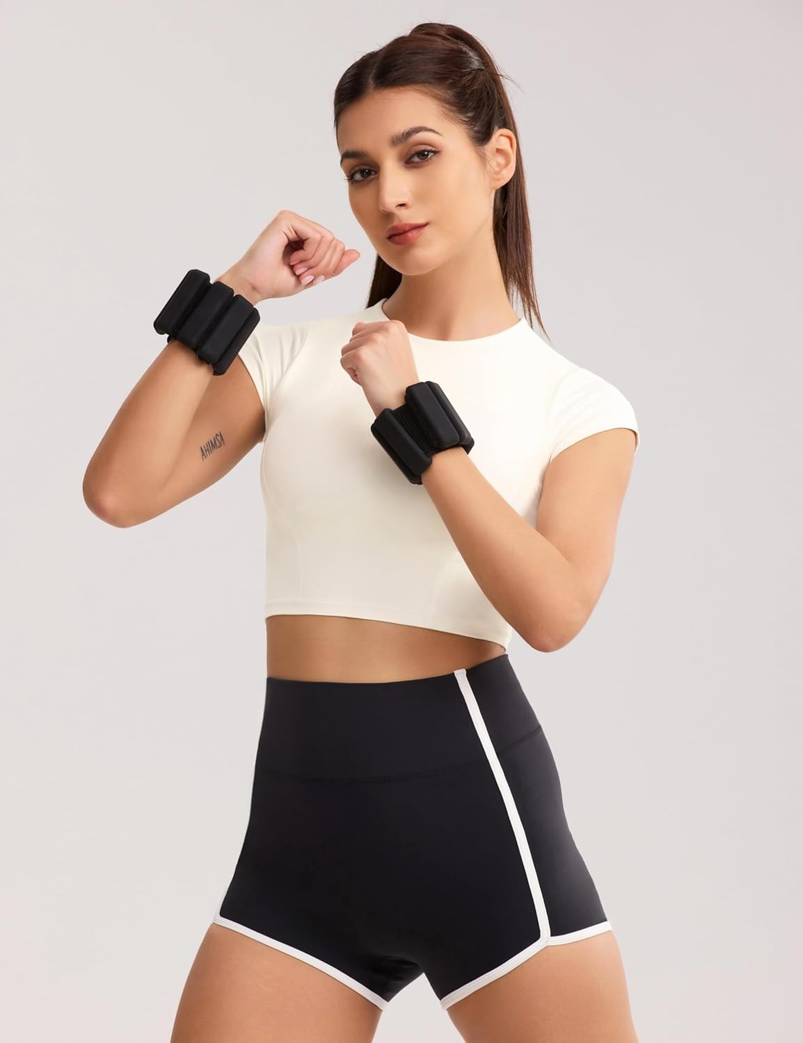 image:imageENERBLOOM Workout Crop Tops for Women Yoga Short Sleeve Mild Support Slim Fit Cropped Athletic Shirts Gym Tee Built in BraCreamy White