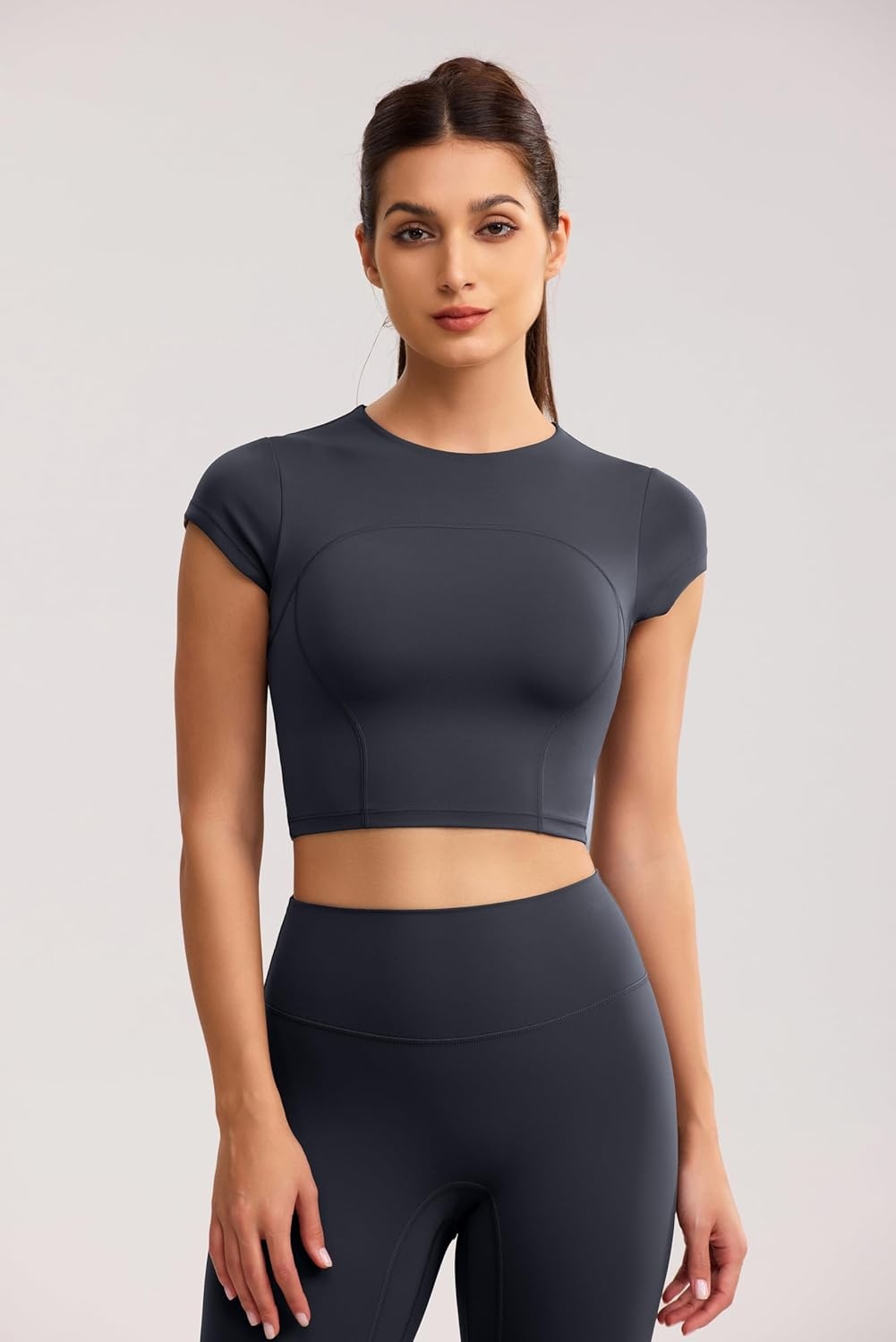 image:imageENERBLOOM Workout Crop Tops for Women Yoga Short Sleeve Mild Support Slim Fit Cropped Athletic Shirts Gym Tee Built in BraDark Navy