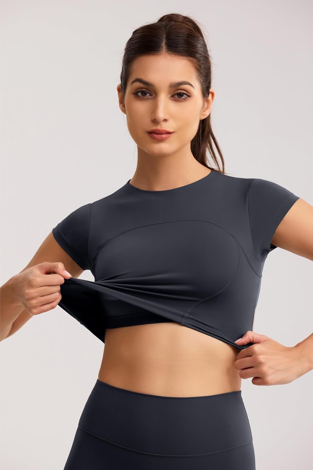 image:imageENERBLOOM Workout Crop Tops for Women Yoga Short Sleeve Mild Support Slim Fit Cropped Athletic Shirts Gym Tee Built in BraDark Navy