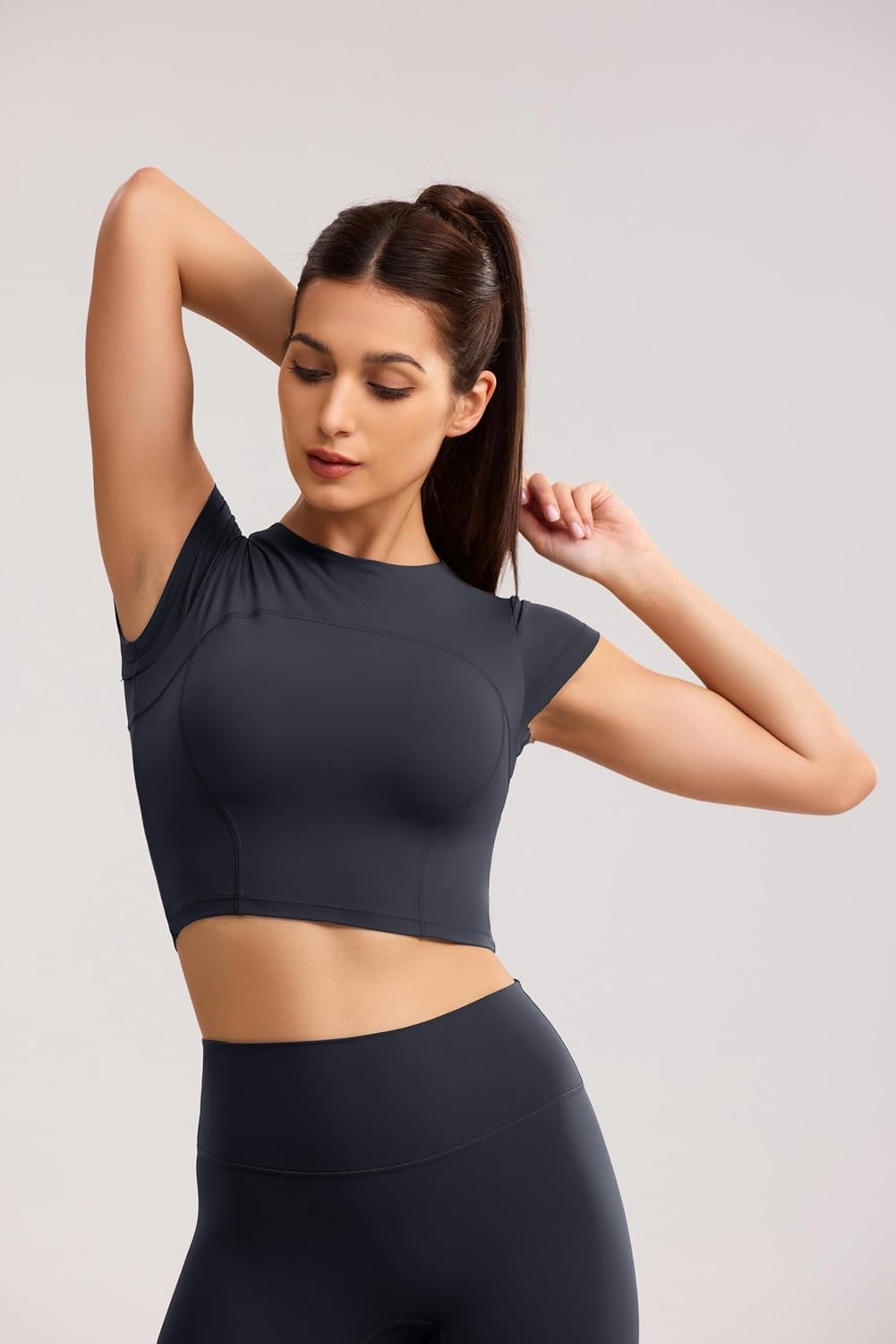 image:imageENERBLOOM Workout Crop Tops for Women Yoga Short Sleeve Mild Support Slim Fit Cropped Athletic Shirts Gym Tee Built in BraDark Navy