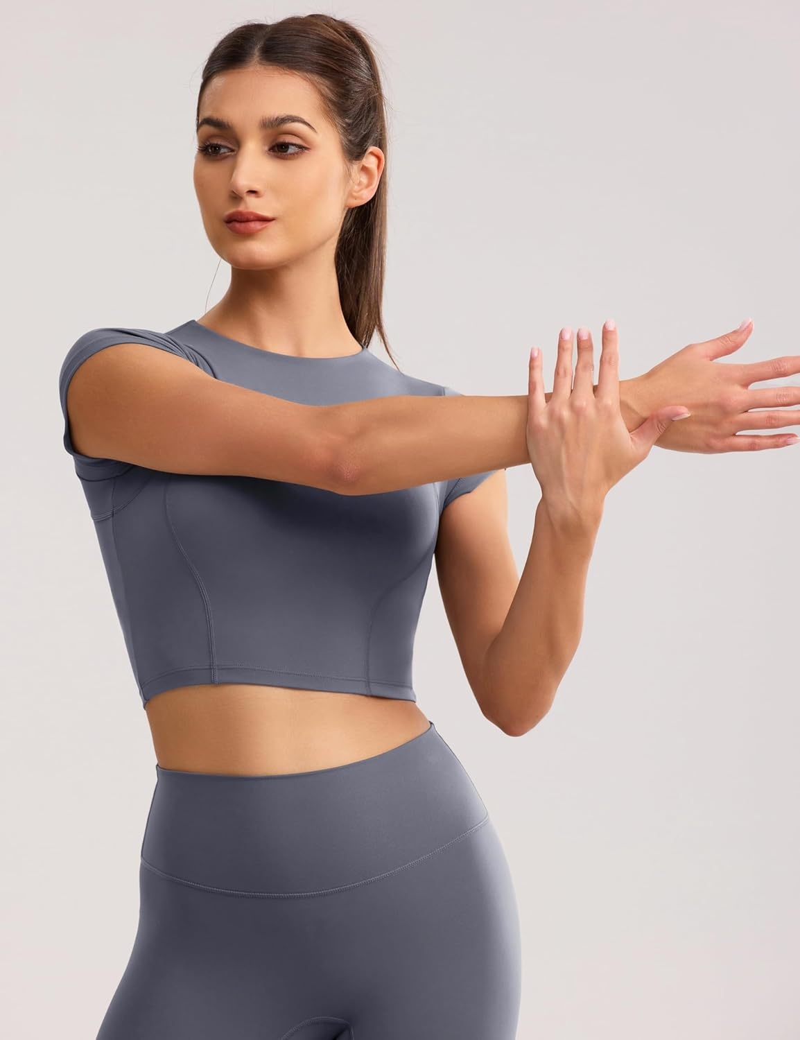 image:imageENERBLOOM Workout Crop Tops for Women Yoga Short Sleeve Mild Support Slim Fit Cropped Athletic Shirts Gym Tee Built in BraGray