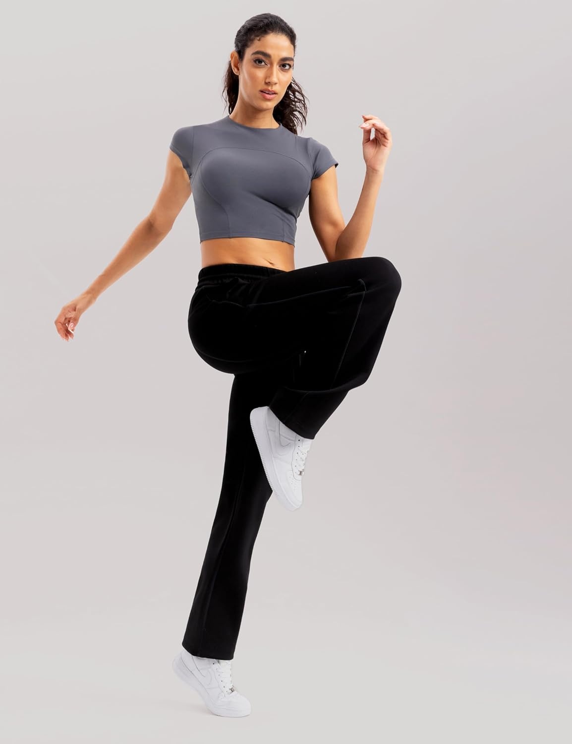 image:imageENERBLOOM Workout Crop Tops for Women Yoga Short Sleeve Mild Support Slim Fit Cropped Athletic Shirts Gym Tee Built in BraGray