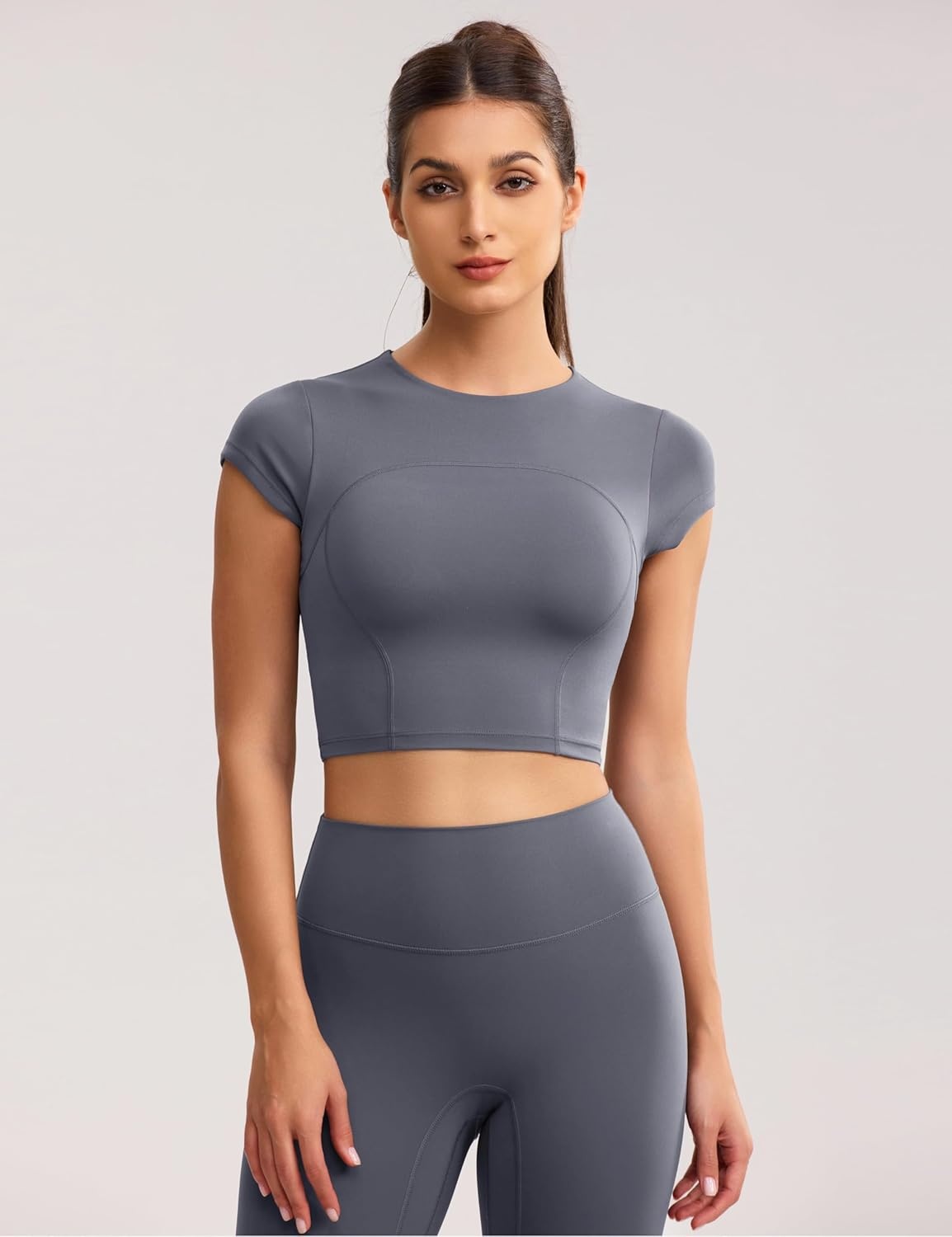image:imageENERBLOOM Workout Crop Tops for Women Yoga Short Sleeve Mild Support Slim Fit Cropped Athletic Shirts Gym Tee Built in BraGray