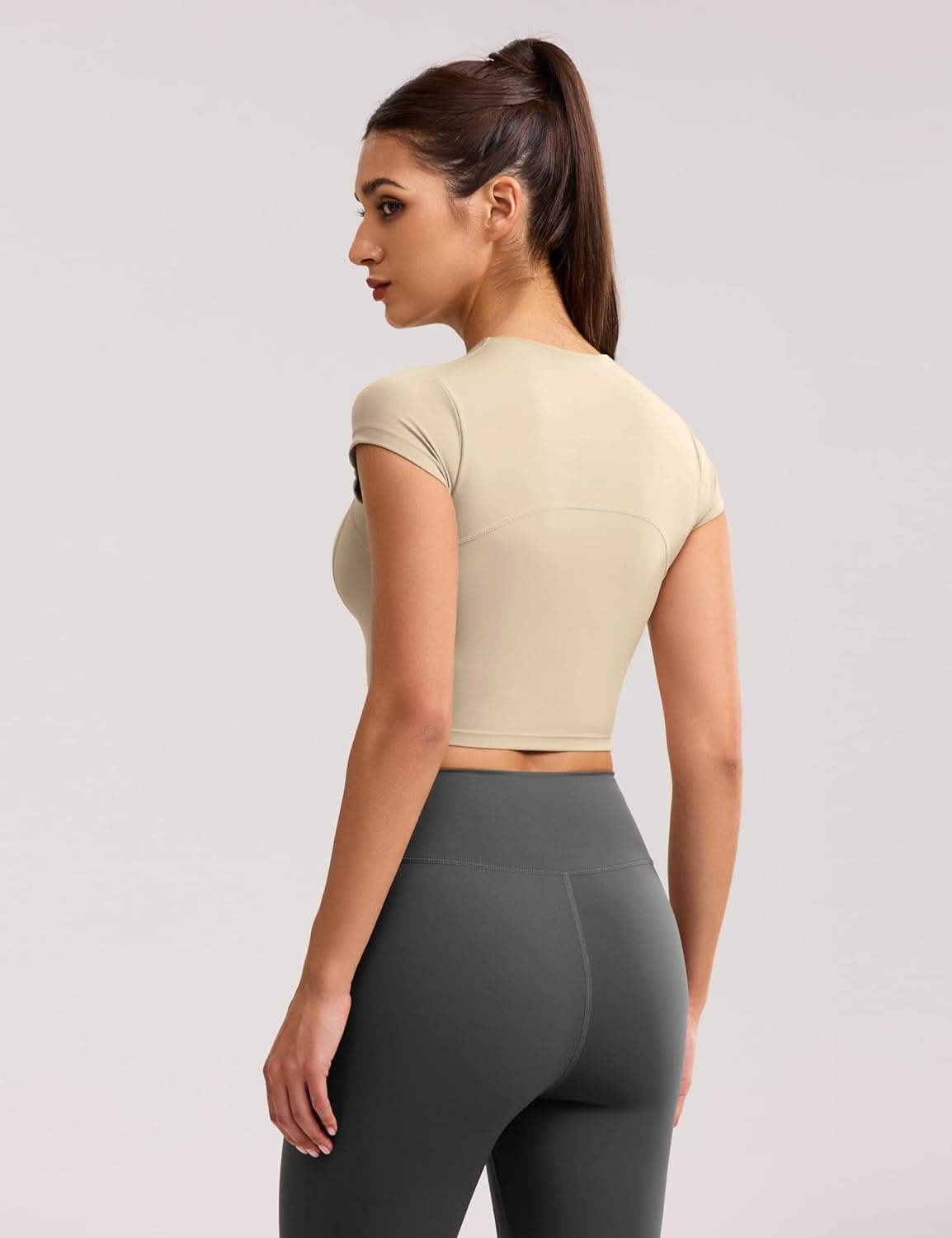 image:imageENERBLOOM Workout Crop Tops for Women Yoga Short Sleeve Mild Support Slim Fit Cropped Athletic Shirts Gym Tee Built in BraKhaki