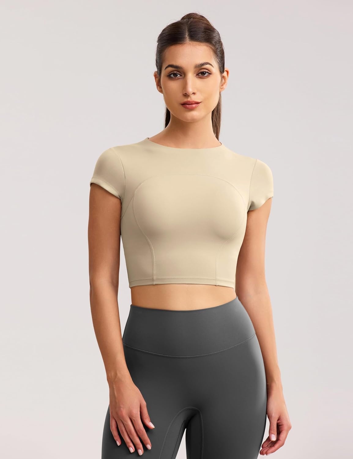 image:imageENERBLOOM Workout Crop Tops for Women Yoga Short Sleeve Mild Support Slim Fit Cropped Athletic Shirts Gym Tee Built in BraKhaki