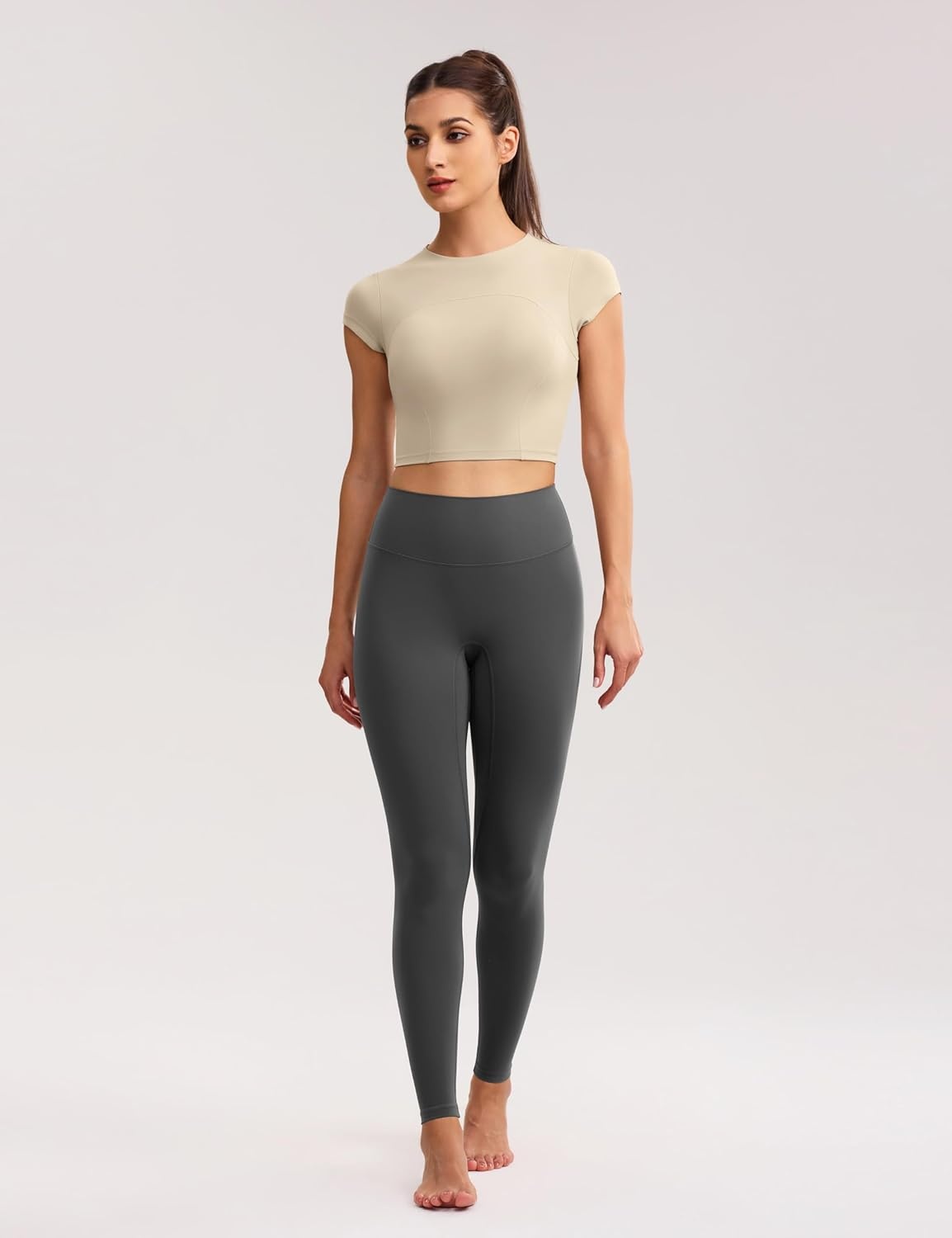 image:imageENERBLOOM Workout Crop Tops for Women Yoga Short Sleeve Mild Support Slim Fit Cropped Athletic Shirts Gym Tee Built in BraKhaki
