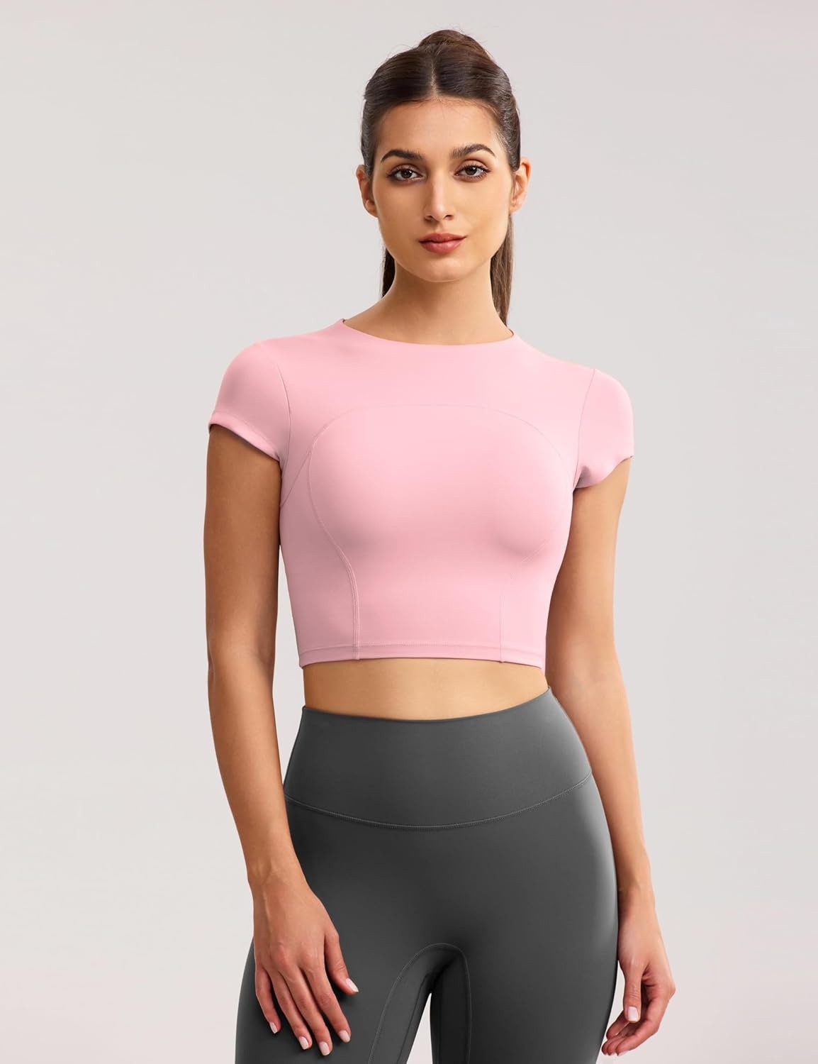 image:imageENERBLOOM Workout Crop Tops for Women Yoga Short Sleeve Mild Support Slim Fit Cropped Athletic Shirts Gym Tee Built in BraLight Pink