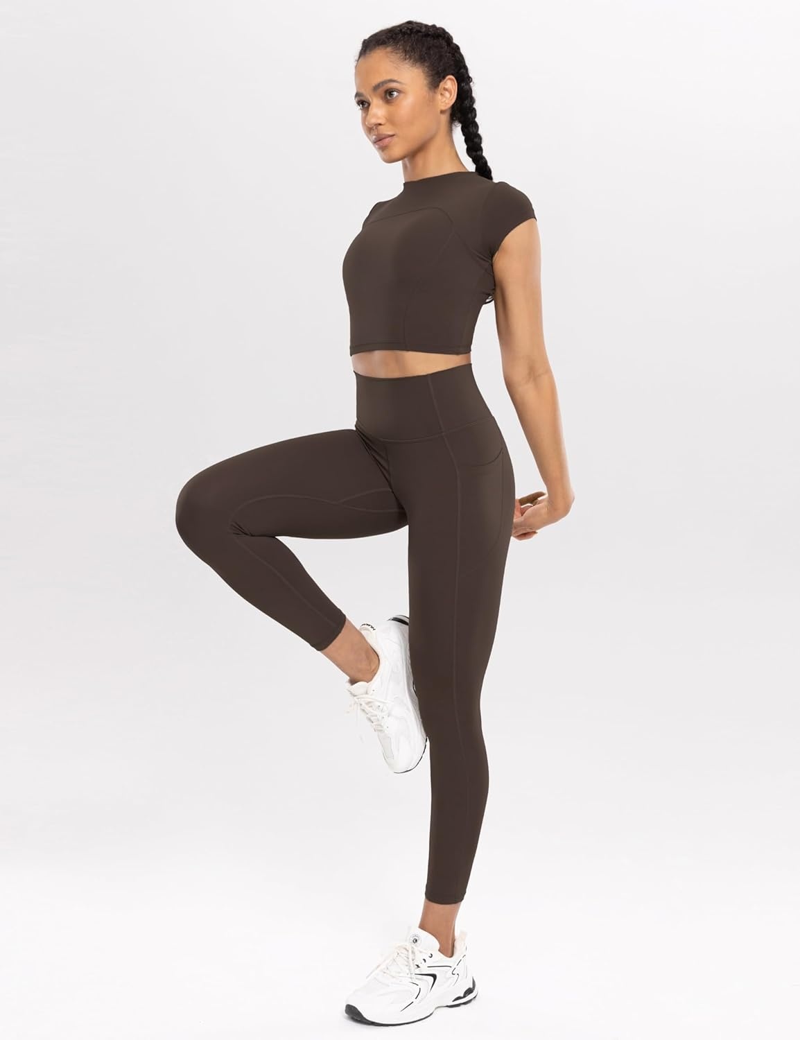 image:imageENERBLOOM Workout Leggings with Pockets for Women High Waist Yoga Pants 2528 Cream Soft Lightweight Athletic Gym TightsBrown