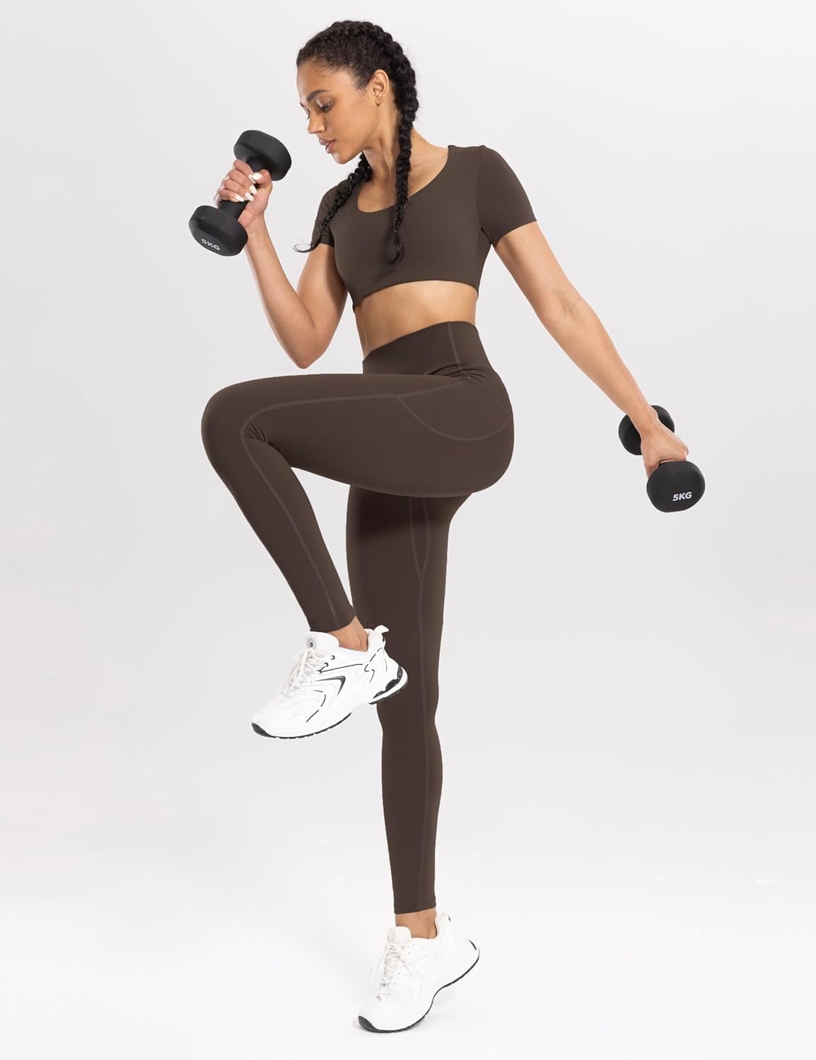 image:imageENERBLOOM Workout Leggings with Pockets for Women High Waist Yoga Pants 2528 Cream Soft Lightweight Athletic Gym TightsBrown