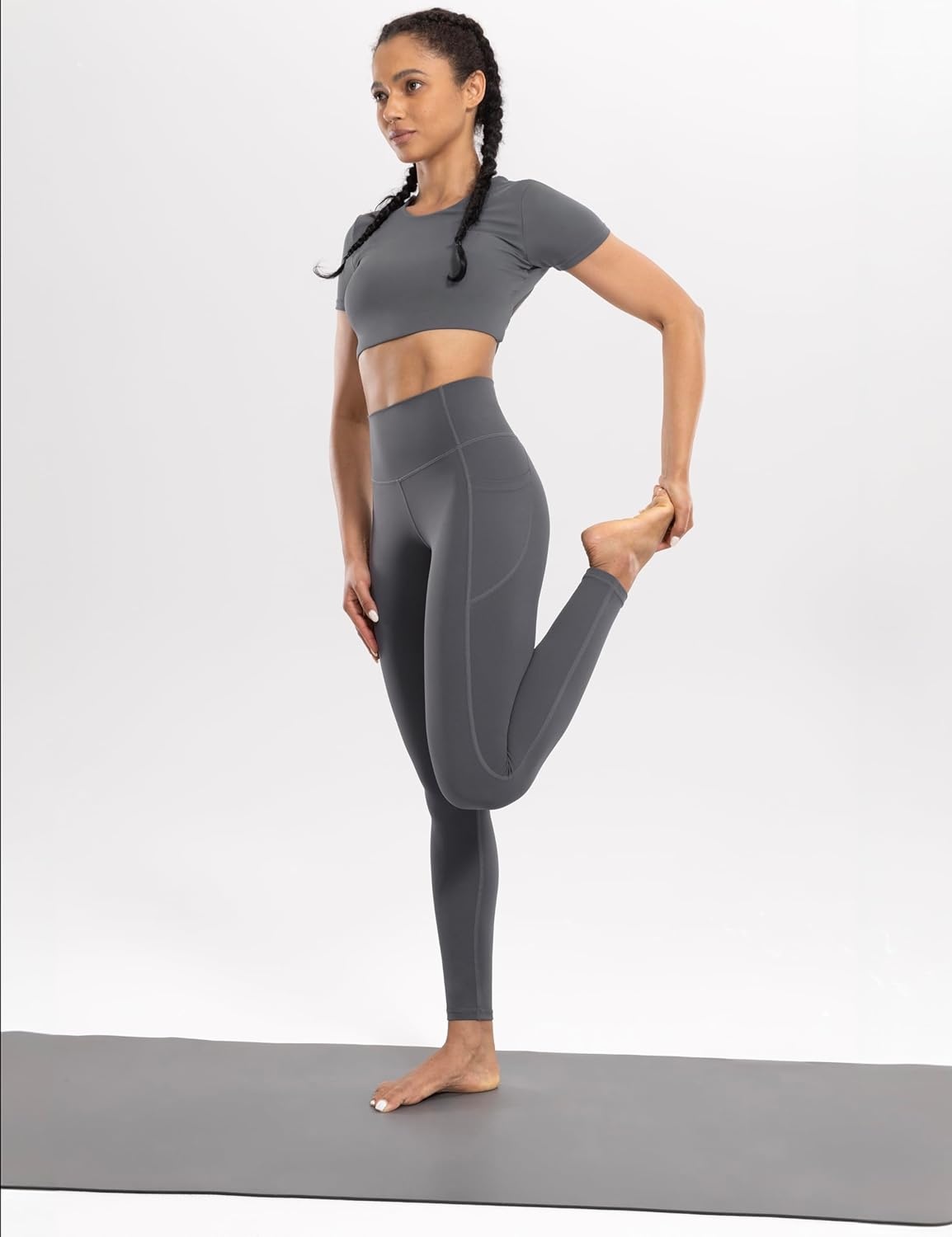 image:imageENERBLOOM Workout Leggings with Pockets for Women High Waist Yoga Pants 2528 Cream Soft Lightweight Athletic Gym TightsLight Grey