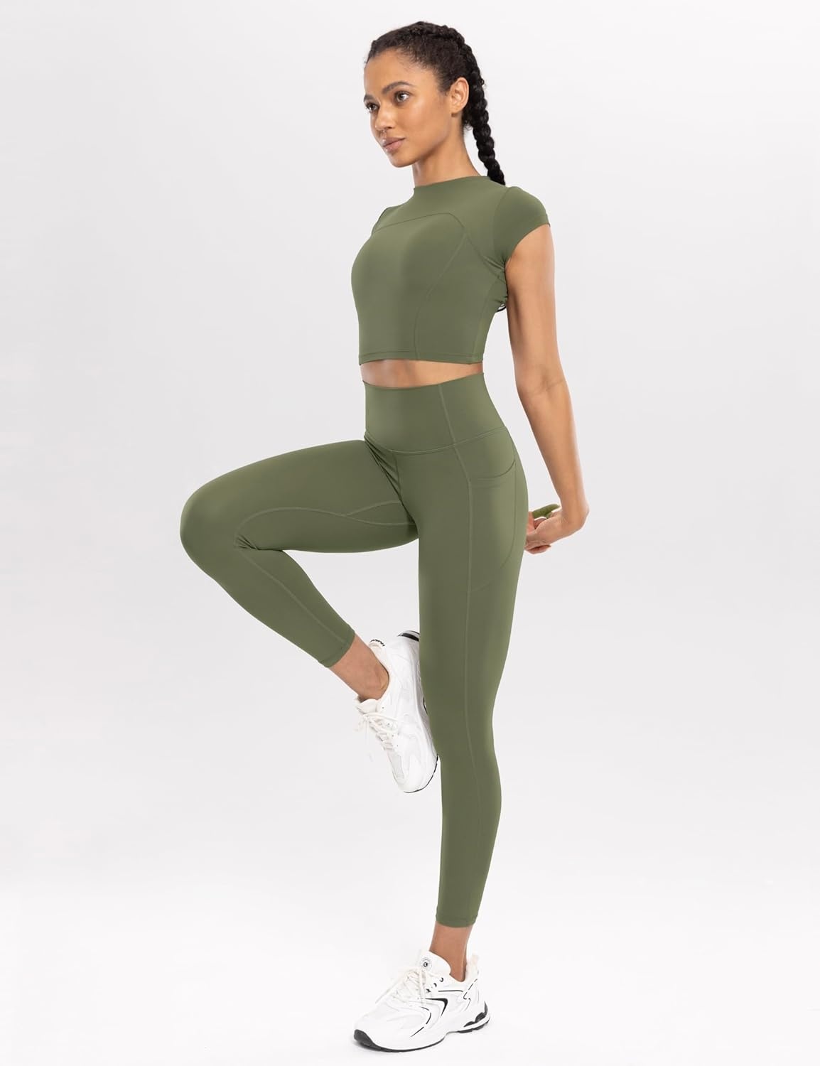 image:imageENERBLOOM Workout Leggings with Pockets for Women High Waist Yoga Pants 2528 Cream Soft Lightweight Athletic Gym TightsOlive Green