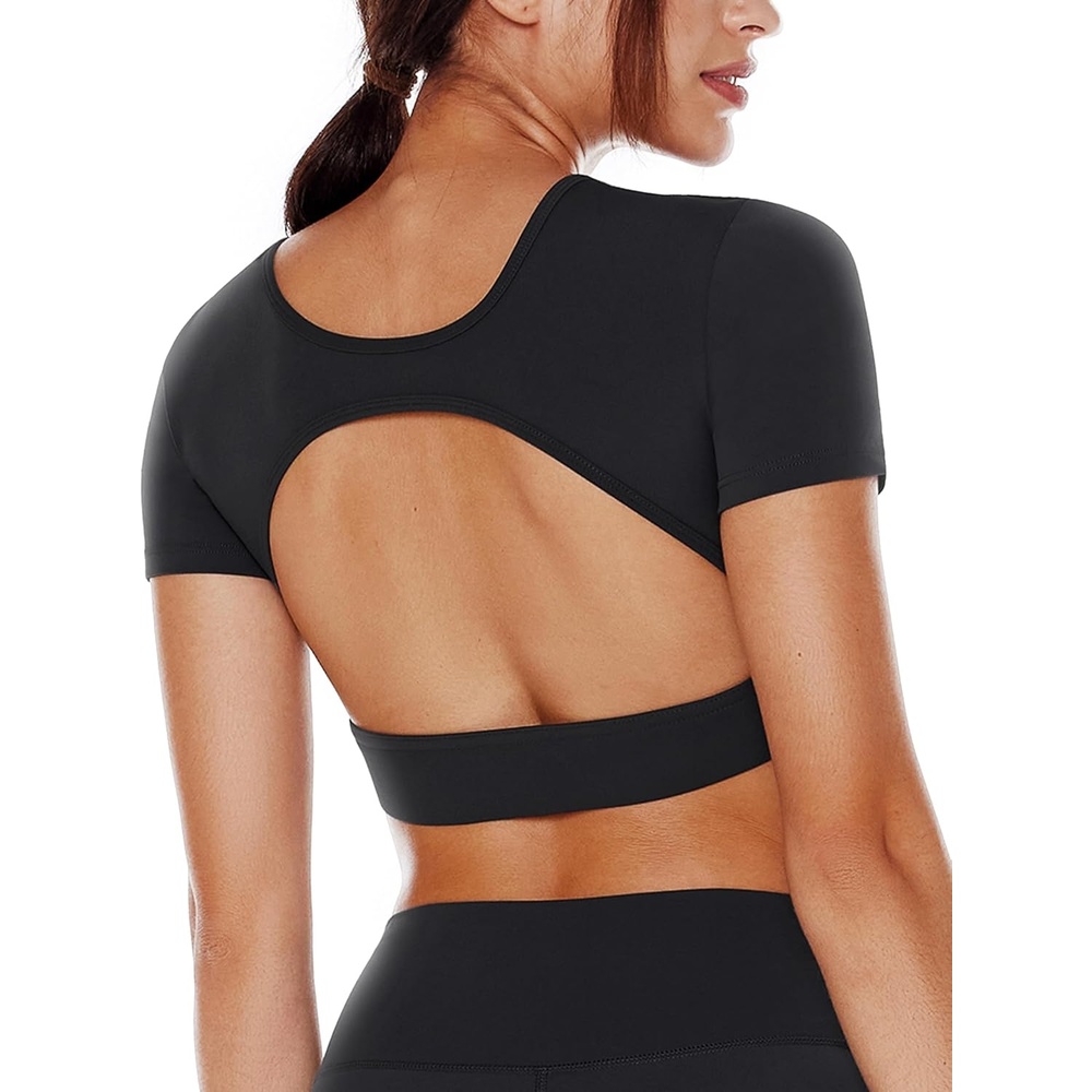image:imageENERBLOOM Open Back Workout Crop Tops for Women Backless Yoga Shirts Gym Short Sleeve Mild Support Compression Tee with BraBlack