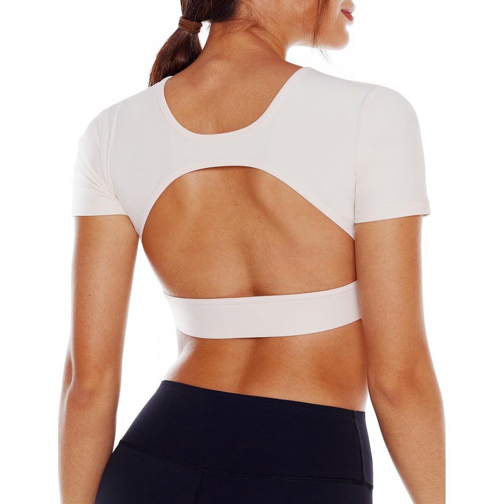 image:imageENERBLOOM Open Back Workout Crop Tops for Women Backless Yoga Shirts Gym Short Sleeve Mild Support Compression Tee with BraCreamy White
