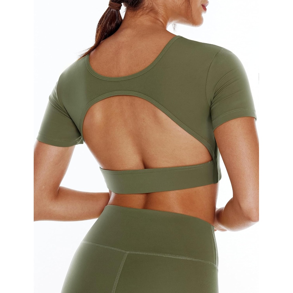 image:imageENERBLOOM Open Back Workout Crop Tops for Women Backless Yoga Shirts Gym Short Sleeve Mild Support Compression Tee with BraOlive Green