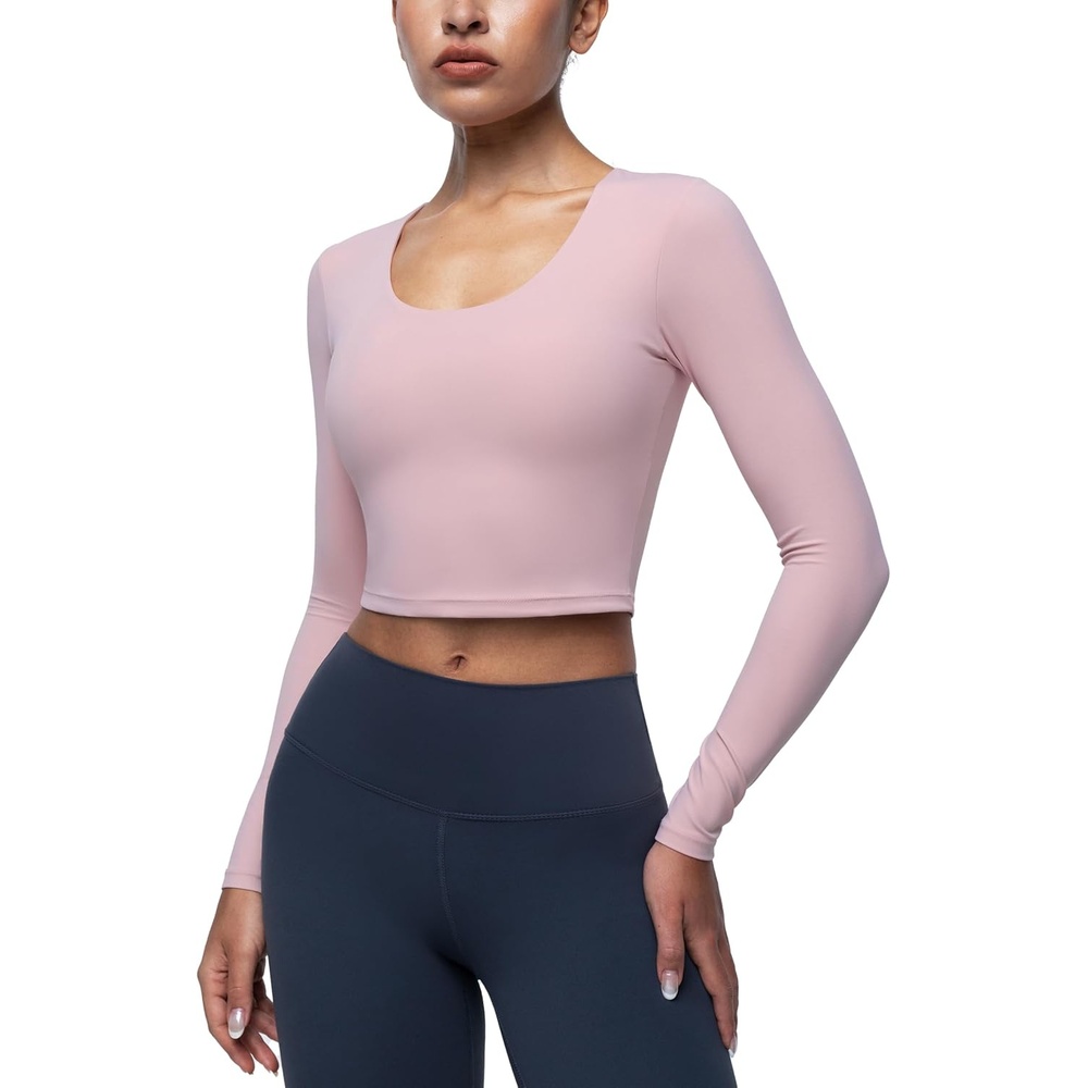 image:imageENERBLOOM Womens Long Sleeve Shirts Workout Crop Tops Yoga Tee Built in Bra Mild Support Cream Feeling Athletic Top UNeckFlower Pink