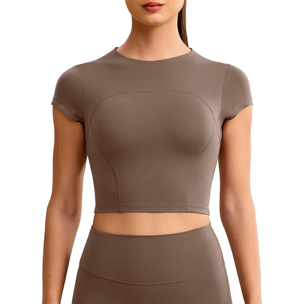 image:imageENERBLOOM Workout Crop Tops for Women Yoga Short Sleeve Mild Support Slim Fit Cropped Athletic Shirts Gym Tee Built in BraCoffee