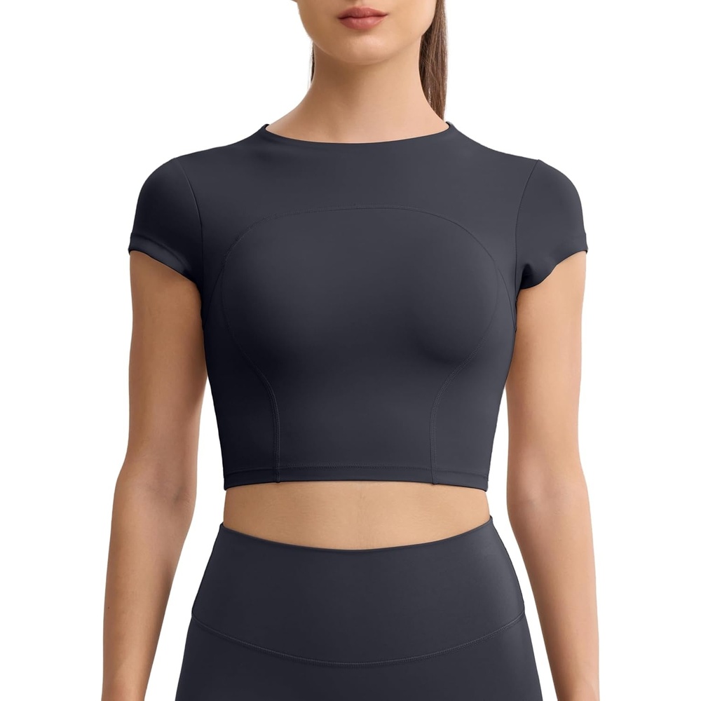 image:imageENERBLOOM Workout Crop Tops for Women Yoga Short Sleeve Mild Support Slim Fit Cropped Athletic Shirts Gym Tee Built in BraDark Navy