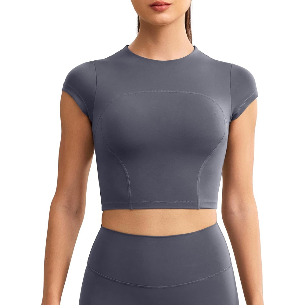 image:imageENERBLOOM Workout Crop Tops for Women Yoga Short Sleeve Mild Support Slim Fit Cropped Athletic Shirts Gym Tee Built in BraGray