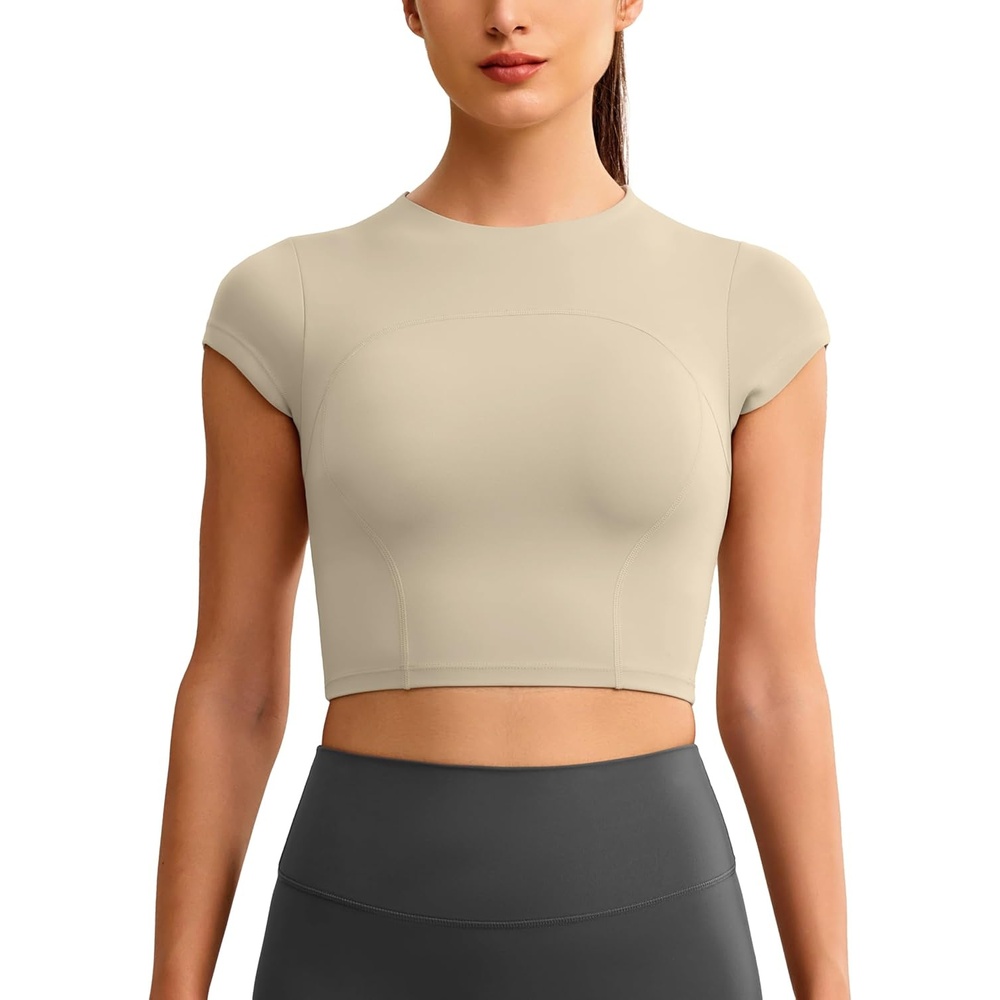 image:imageENERBLOOM Workout Crop Tops for Women Yoga Short Sleeve Mild Support Slim Fit Cropped Athletic Shirts Gym Tee Built in BraKhaki