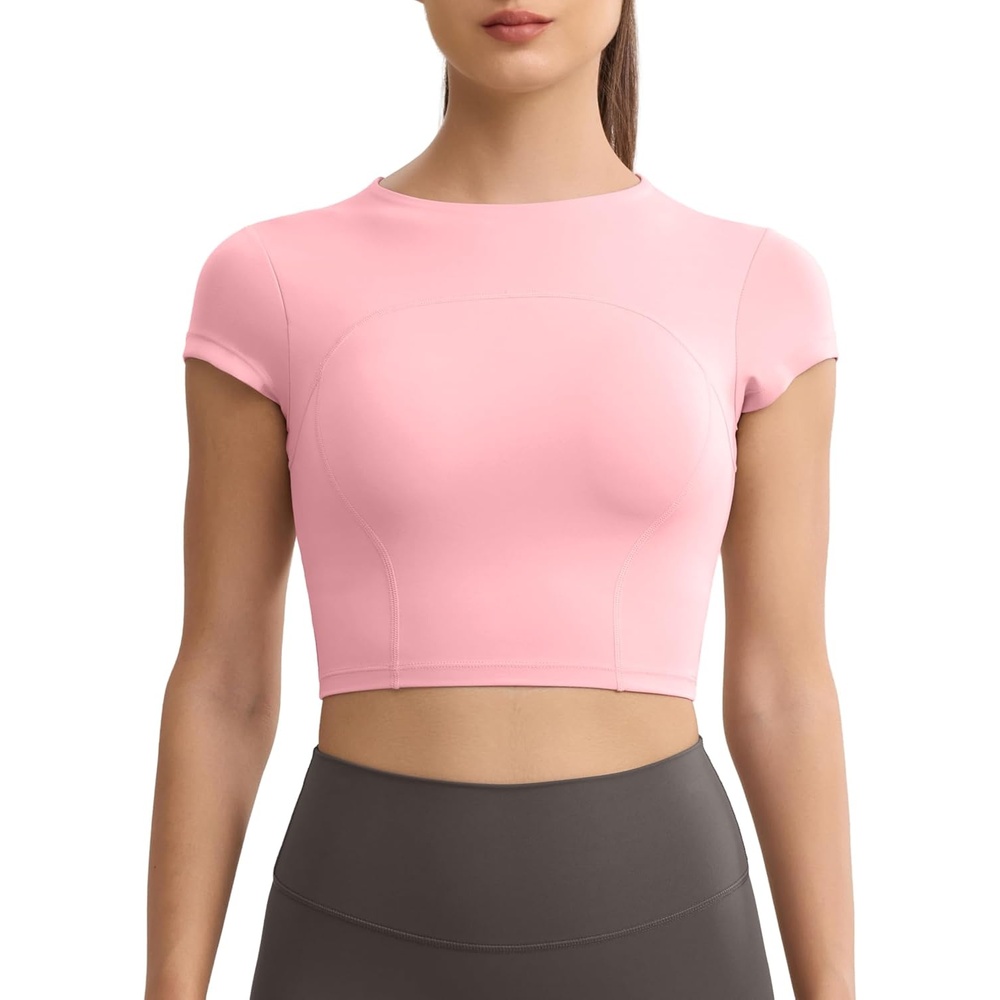 image:imageENERBLOOM Workout Crop Tops for Women Yoga Short Sleeve Mild Support Slim Fit Cropped Athletic Shirts Gym Tee Built in BraLight Pink