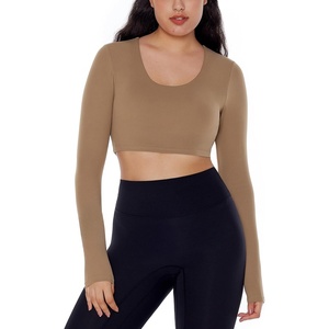 image:imageENERBLOOM Long Sleeve Crop Tops for Women Workout Tee Built in Bra Cream Feeling Athletic Mild Support U Neck Cropped Shirts