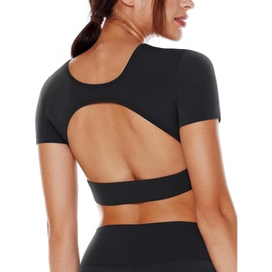 image:imageENERBLOOM Open Back Workout Crop Tops for Women Backless Yoga Shirts Gym Short Sleeve Mild Support Compression Tee with BraBlack