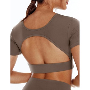 image:imageENERBLOOM Open Back Workout Crop Tops for Women Backless Yoga Shirts Gym Short Sleeve Mild Support Compression Tee with BraCoffee