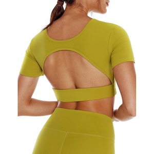 image:imageENERBLOOM Open Back Workout Crop Tops for Women Backless Yoga Shirts Gym Short Sleeve Mild Support Compression Tee with BraGinger Yellow