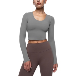 image:imageENERBLOOM Womens Long Sleeve Shirts Workout Crop Tops Yoga Tee Built in Bra Mild Support Cream Feeling Athletic Top UNeckDark Gray