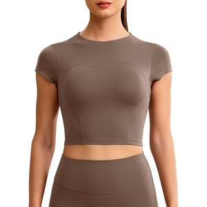 image:imageENERBLOOM Workout Crop Tops for Women Yoga Short Sleeve Mild Support Slim Fit Cropped Athletic Shirts Gym Tee Built in BraCoffee