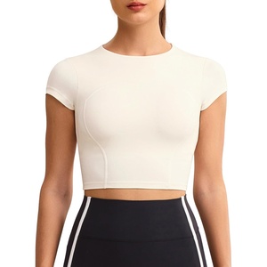 image:imageENERBLOOM Workout Crop Tops for Women Yoga Short Sleeve Mild Support Slim Fit Cropped Athletic Shirts Gym Tee Built in BraCreamy White