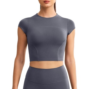 image:imageENERBLOOM Workout Crop Tops for Women Yoga Short Sleeve Mild Support Slim Fit Cropped Athletic Shirts Gym Tee Built in BraGray